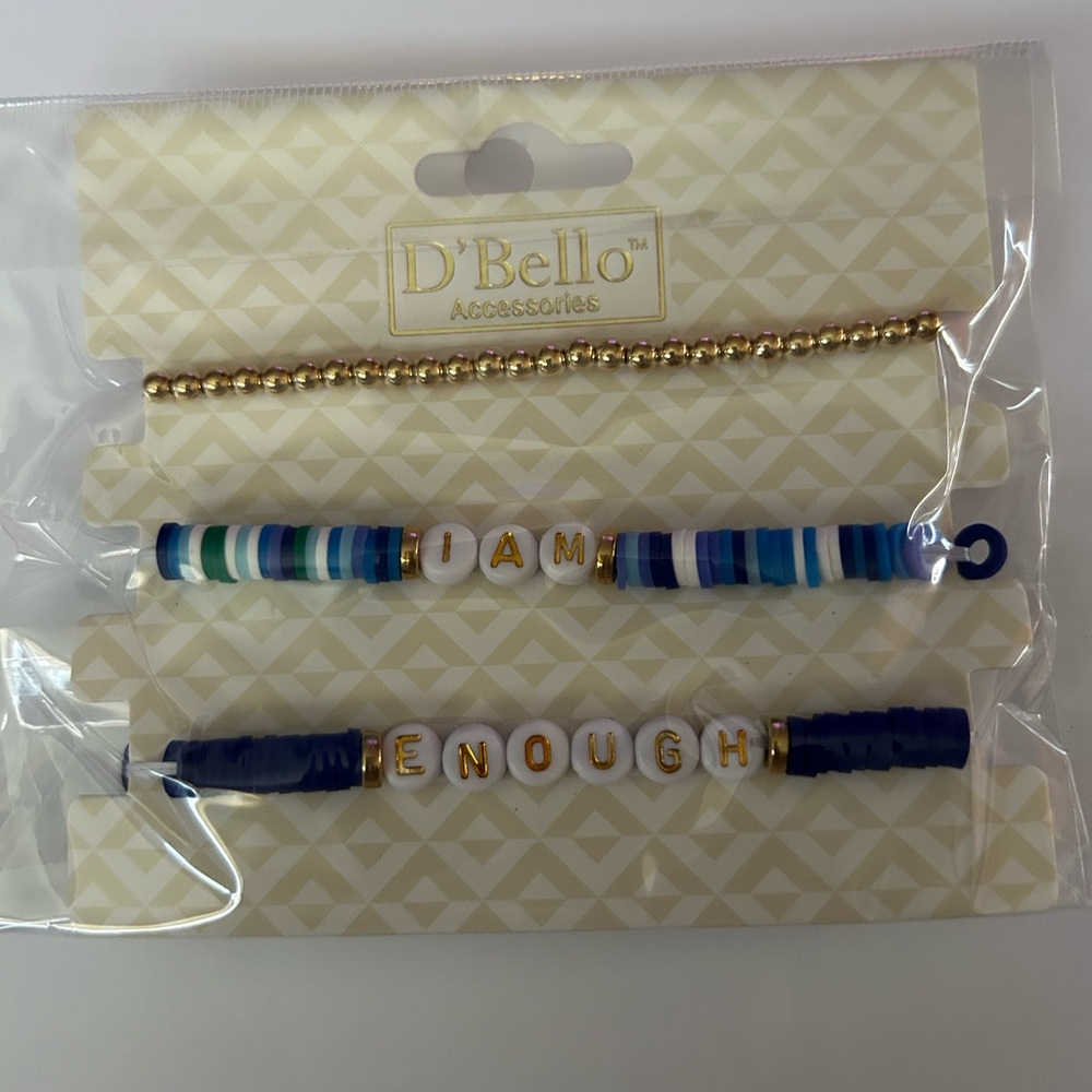 D'Bello Gold and Blue 'I AM ENOUGH' Beaded Bracelet Set